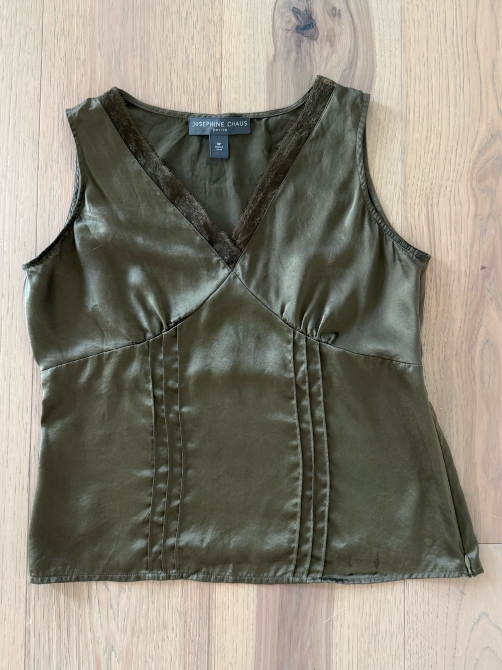 Josephine Chaus Olive 100% Silk V-Neck Camisole with Lace Trim